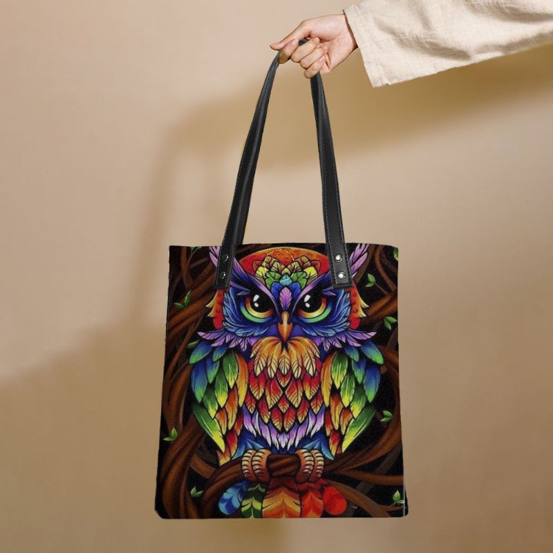 Kleur Uil Print Patroon Lederen Draagtas Sticker Schoudertas Handtas Tote Met Ingebouwde Kleine Tas