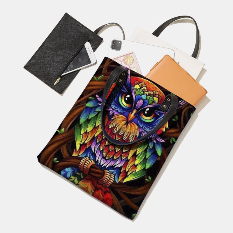 Kleur Uil Print Patroon Lederen Draagtas Sticker Schoudertas Handtas Tote Met Ingebouwde Kleine Tas