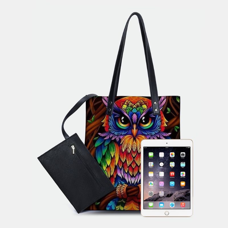 Kleur Uil Print Patroon Lederen Draagtas Sticker Schoudertas Handtas Tote Met Ingebouwde Kleine Tas