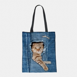 Vrouwen Canvas Brekend Gat Denim 3d Leuke Kat Hond Patroon Casual Outdoor Handtas Schoudertas Tote