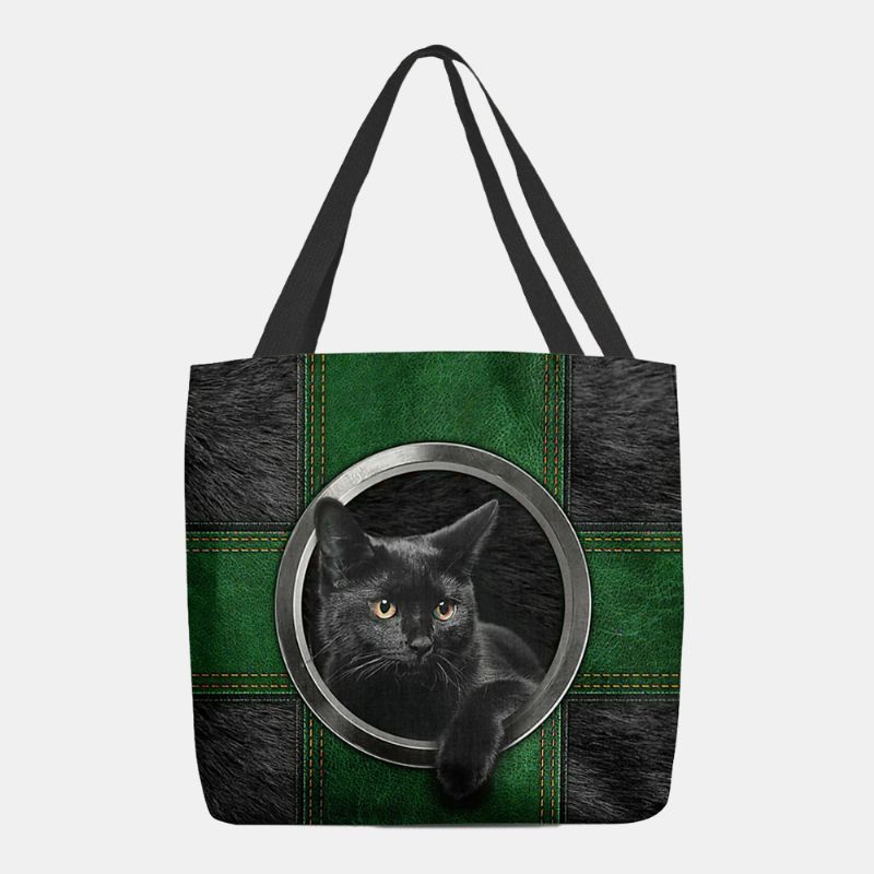 Vrouwen Canvas Leuke Cartoon Zwarte Kat Print Handtas Tote Schoudertas