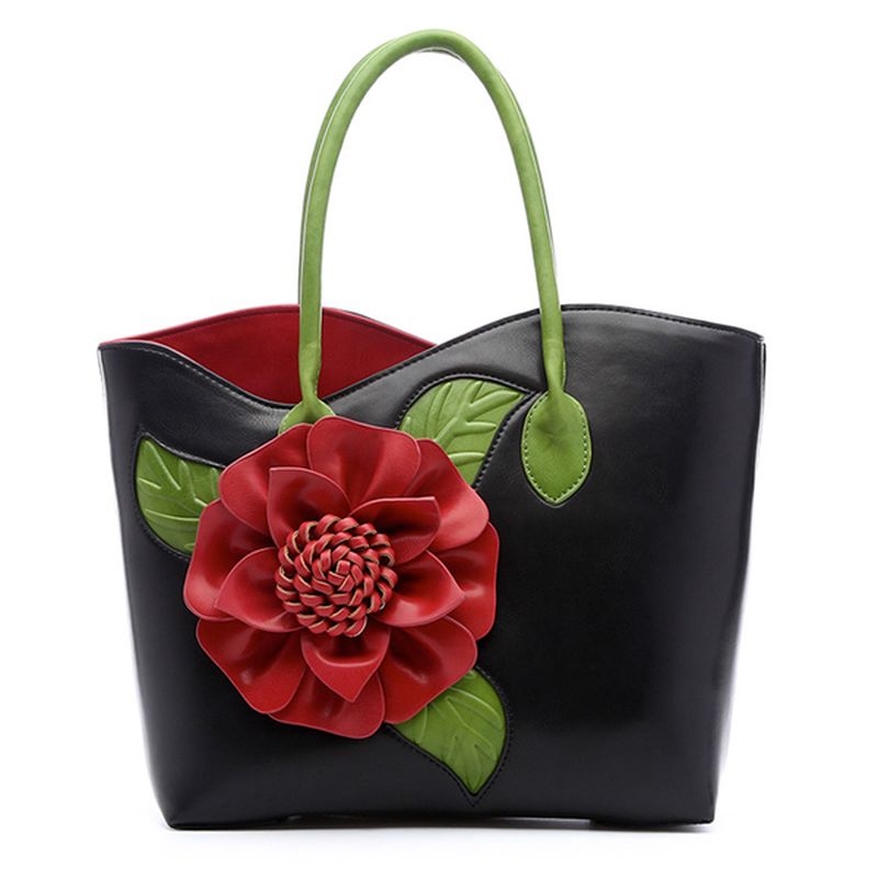 Vrouwen Pu Lederen Bloem Decoratie Elegante Handtas Sling Bag Nationale Stijl Draagtas