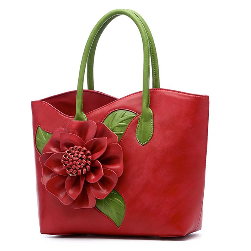 Vrouwen Pu Lederen Bloem Decoratie Elegante Handtas Sling Bag Nationale Stijl Draagtas