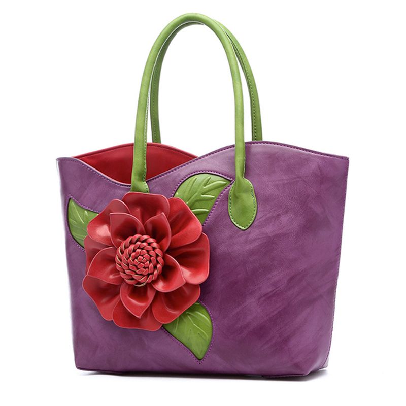 Vrouwen Pu Lederen Bloem Decoratie Elegante Handtas Sling Bag Nationale Stijl Draagtas