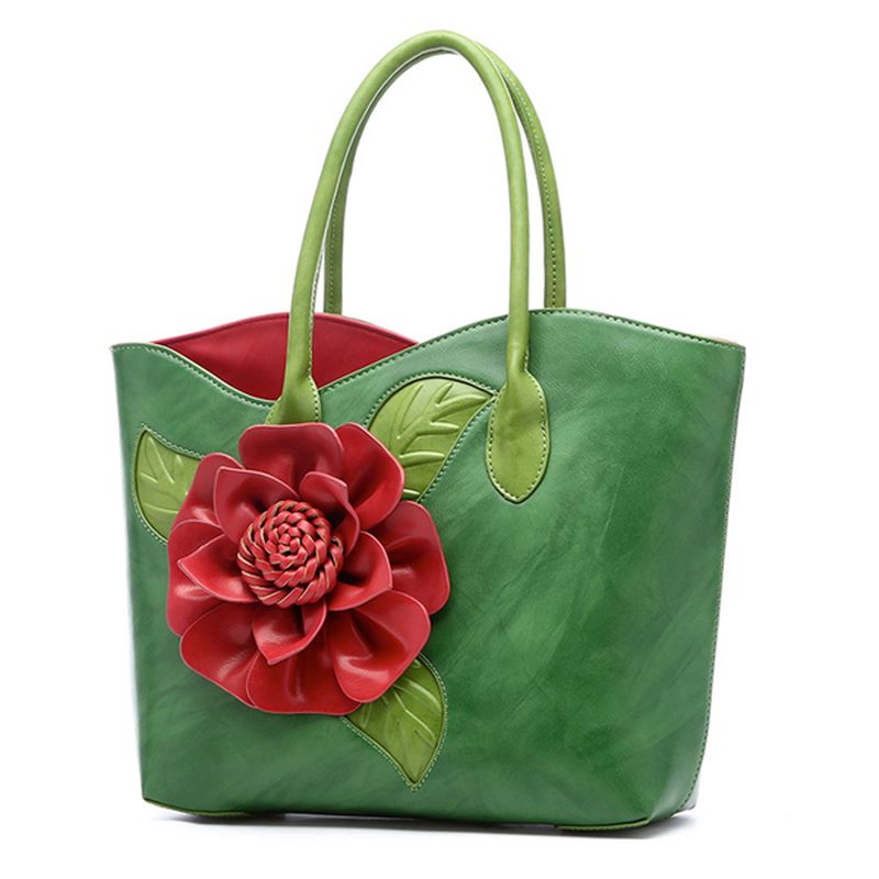 Vrouwen Pu Lederen Bloem Decoratie Elegante Handtas Sling Bag Nationale Stijl Draagtas