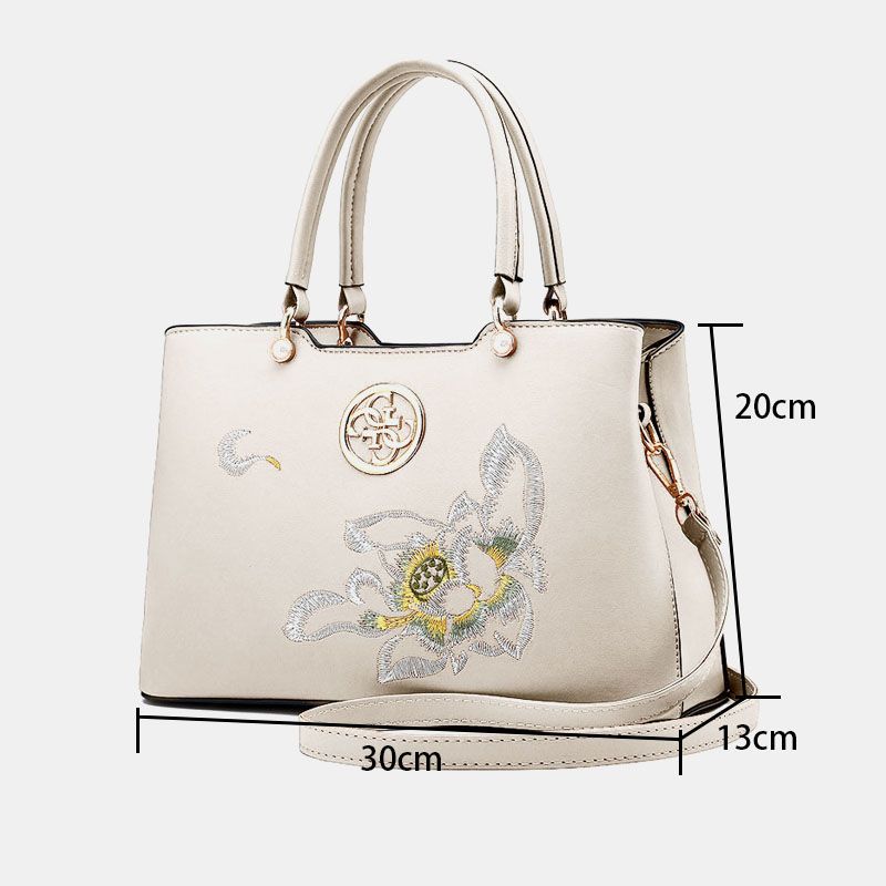 Vrouwen Vintage Chinese Stijl Gardenia Bloem Geborduurde Handtas Grote Capaciteit Multi-pocket Multi-carry Pu Leahter Crossbody Tas