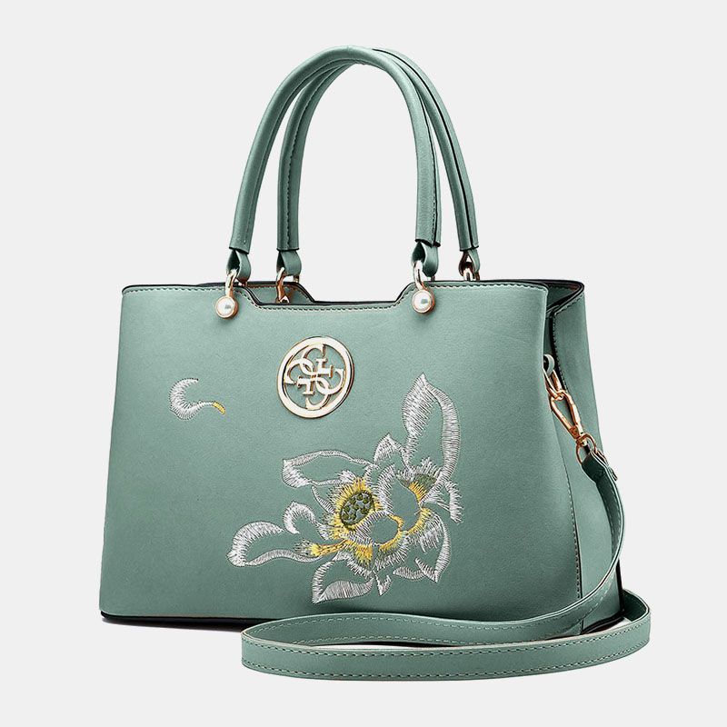 Vrouwen Vintage Chinese Stijl Gardenia Bloem Geborduurde Handtas Grote Capaciteit Multi-pocket Multi-carry Pu Leahter Crossbody Tas