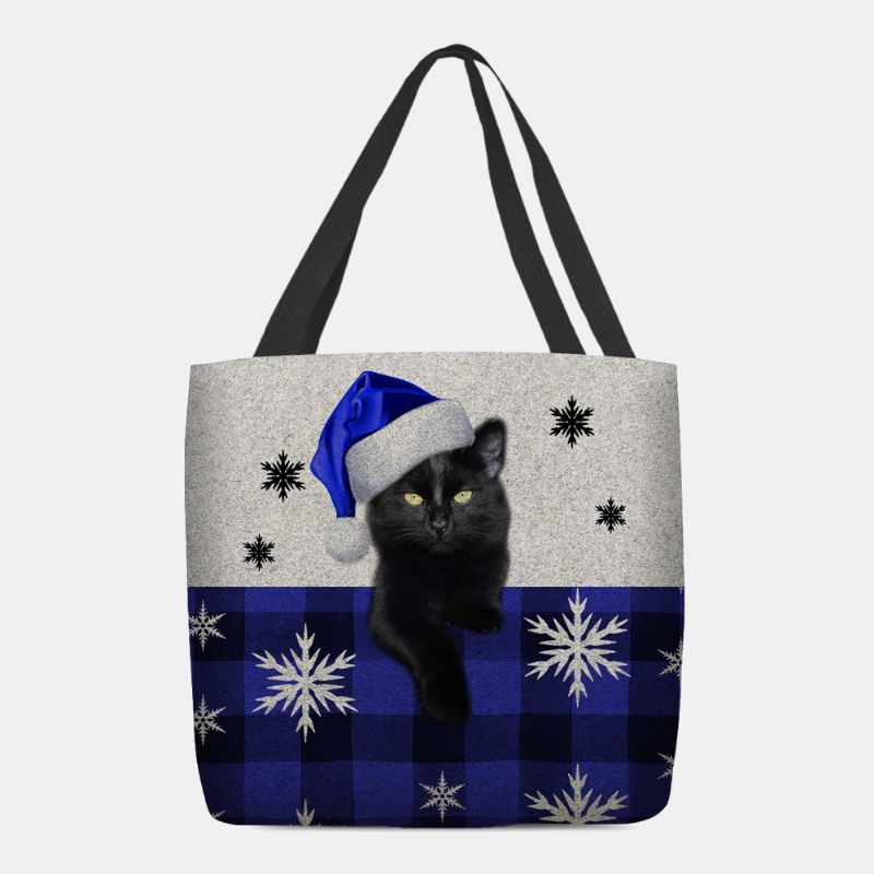 Vrouwen Voelde Leuke Cartoon Feestelijke Kerst Geklede Kat Sneeuwvlok Patroon Schoudertas Handtas Tote