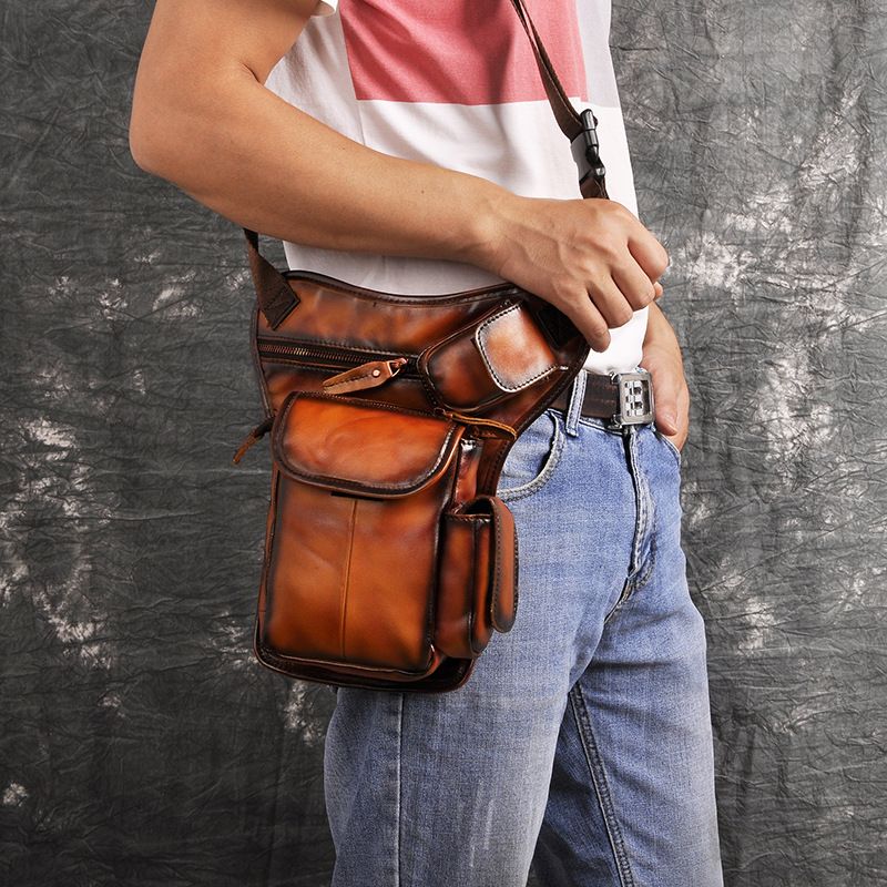 Mannen Echt Lederen Multi-carry Retro 7 Inch Telefooncamera Buiten Heuptas Crossbody Tas