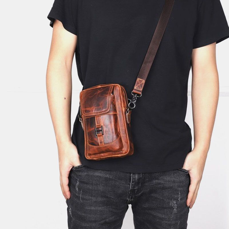 Mannen Echt Leer Multi-carry Retro 6.5 Inch Telefoon Tas Heuptas Crossbody Tas Sling Bag