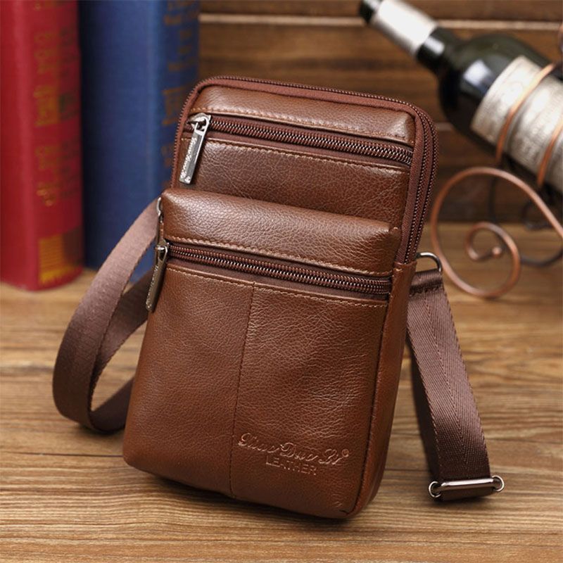 Mannen Lederen Mini Multifunctionele Messenger 7 Inch Telefoon Tas Heuptas Crossbody Tas