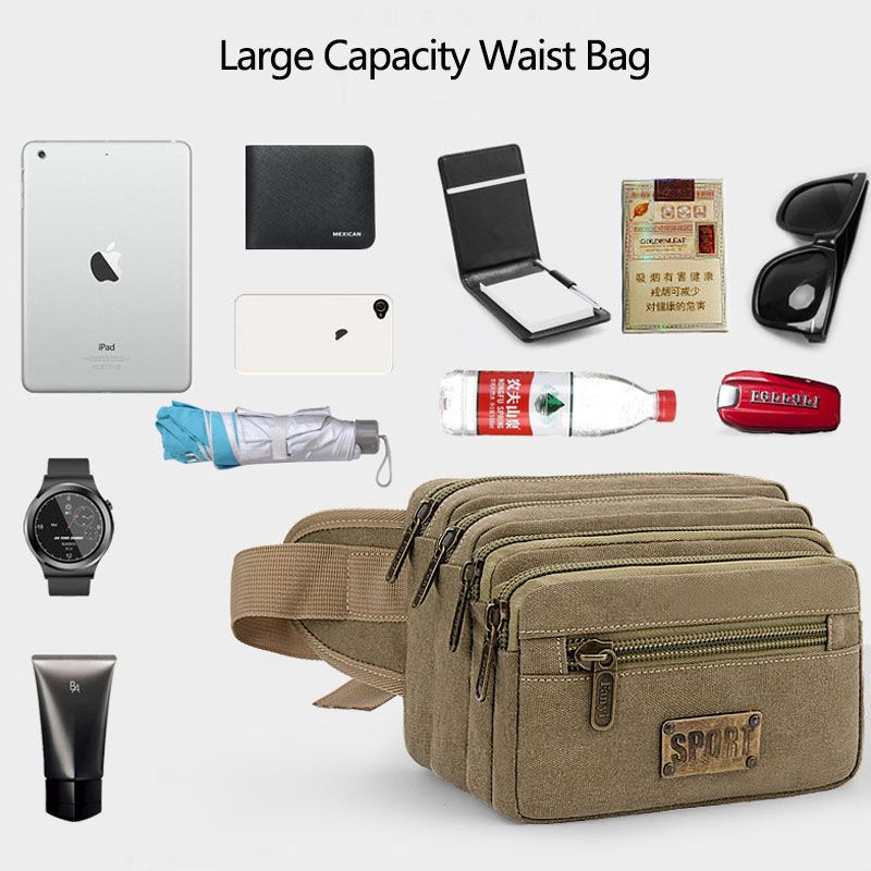 Mannen Waterdichte Multi-pocket Heuptas Canvas Grote Capaciteit Multifunctionele Telefoon Tas Borsttas Crossbody Schoudertas