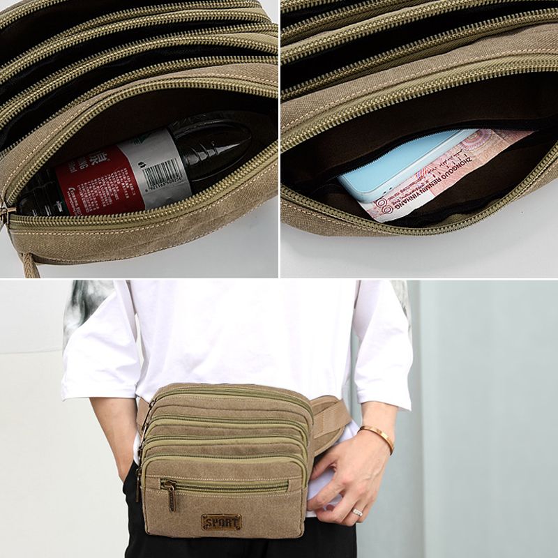 Mannen Waterdichte Multi-pocket Heuptas Canvas Grote Capaciteit Multifunctionele Telefoon Tas Borsttas Crossbody Schoudertas