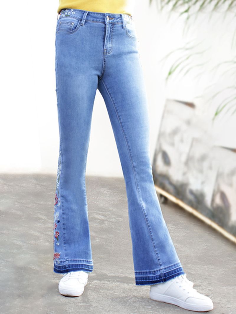 Bloemen Geborduurde Hoge Taille Denim Uitlopende Broek