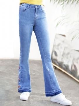 Bloemen Geborduurde Hoge Taille Denim Uitlopende Broek