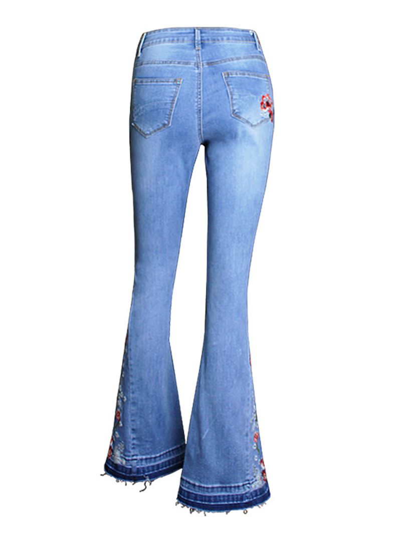 Bloemen Geborduurde Hoge Taille Denim Uitlopende Broek