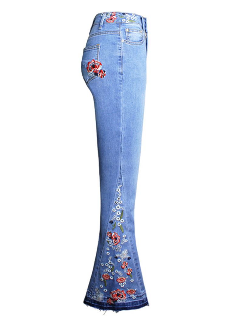 Bloemen Geborduurde Hoge Taille Denim Uitlopende Broek