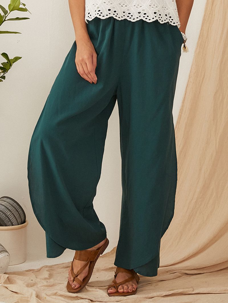 Casual Losse Elastische Taillezak Wijde Pijpen Effen Broek Voor Dames