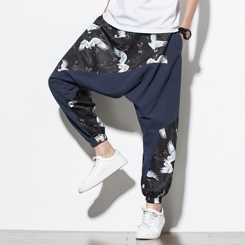 Chinese Stijl Kraan Print Grote Kruis Katoen En Linnen Casual Broek