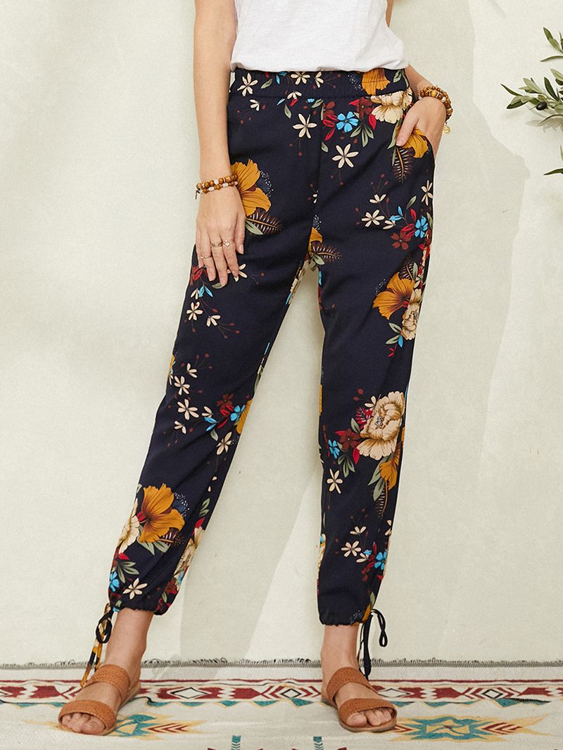 Dames Bloemenprint Bohemian Tie Cuff Broek Met Zak