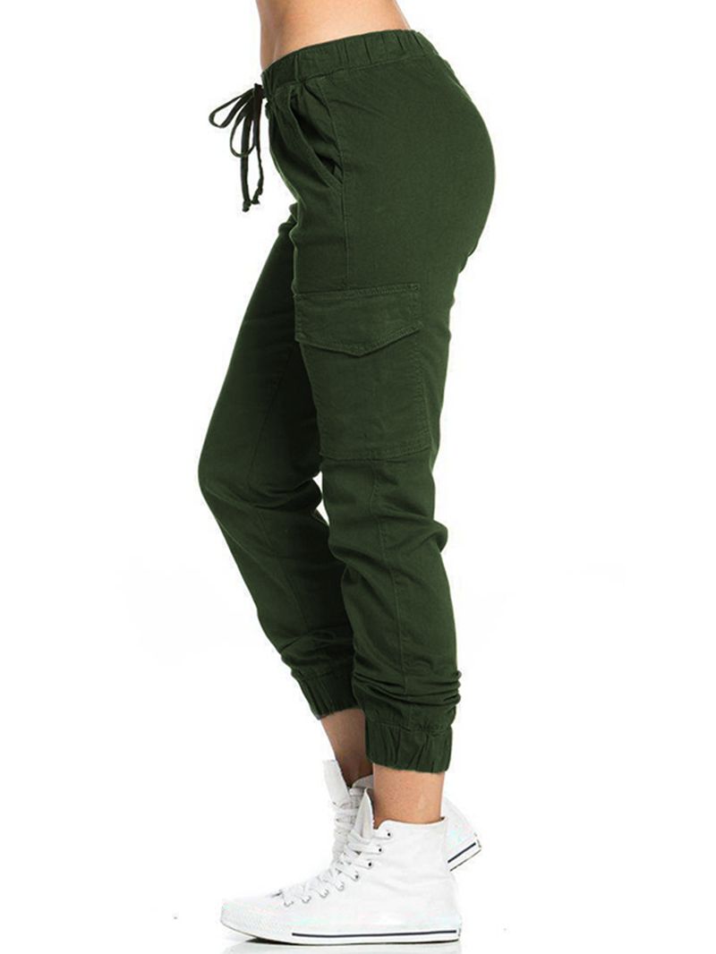 Dames Casual Elastische Taille Zijzakken Broek Met Trekkoord