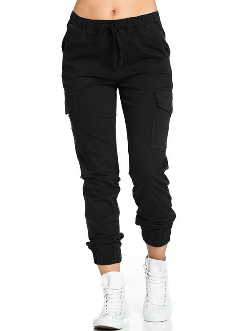 Dames Casual Elastische Taille Zijzakken Broek Met Trekkoord