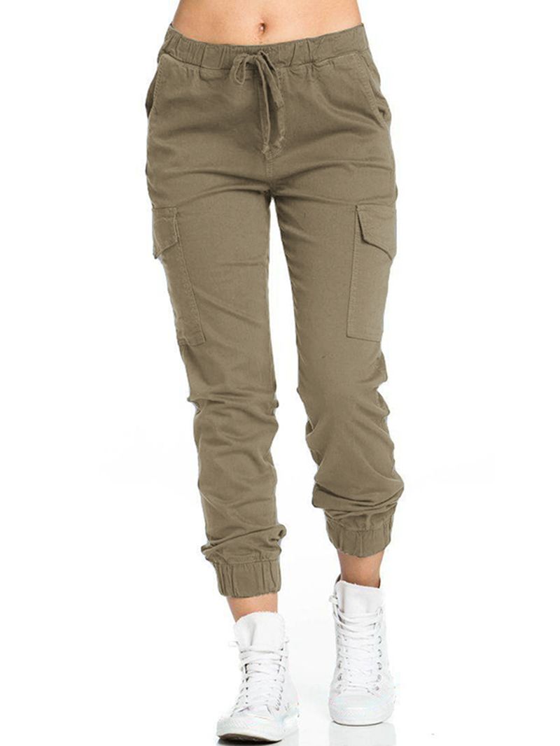 Dames Casual Elastische Taille Zijzakken Broek Met Trekkoord