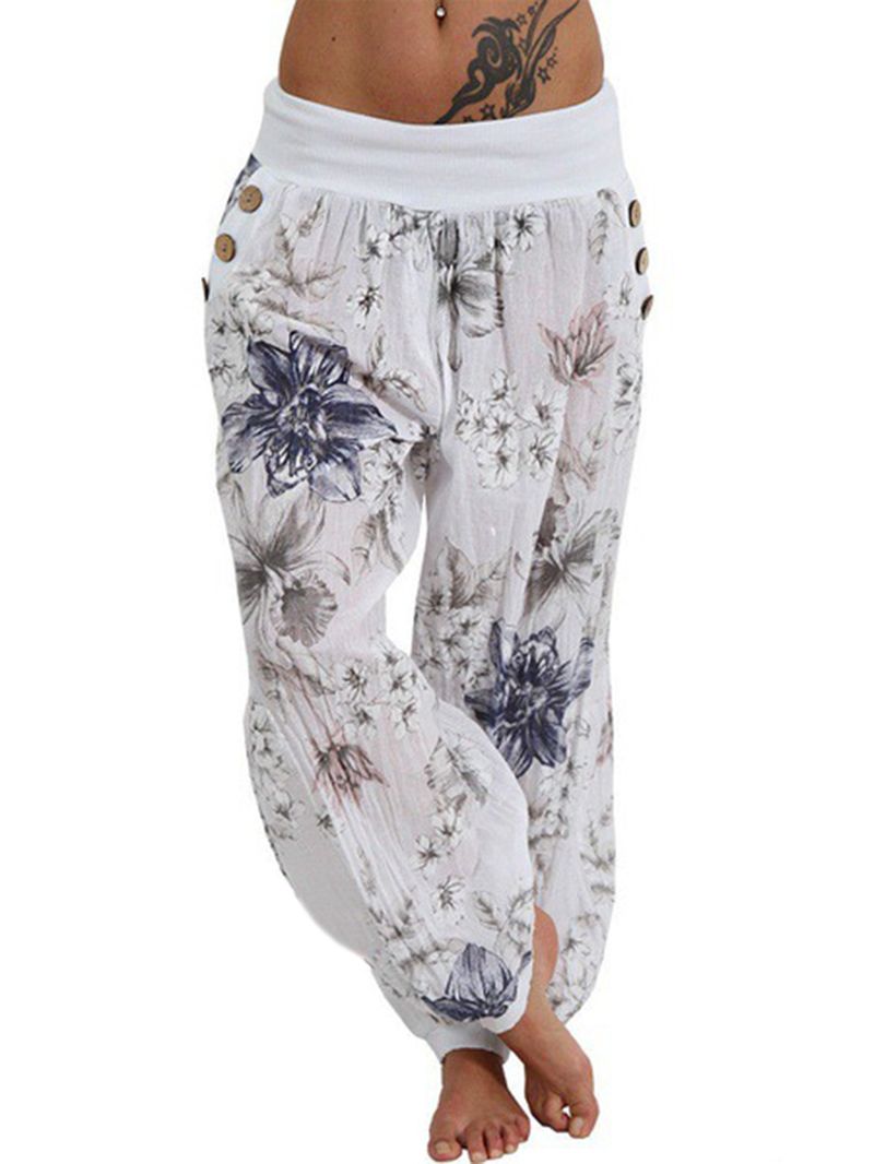 Dames Casual Losse Bloemenprint Knop Volledige Lengte Broek