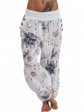 Dames Casual Losse Bloemenprint Knop Volledige Lengte Broek