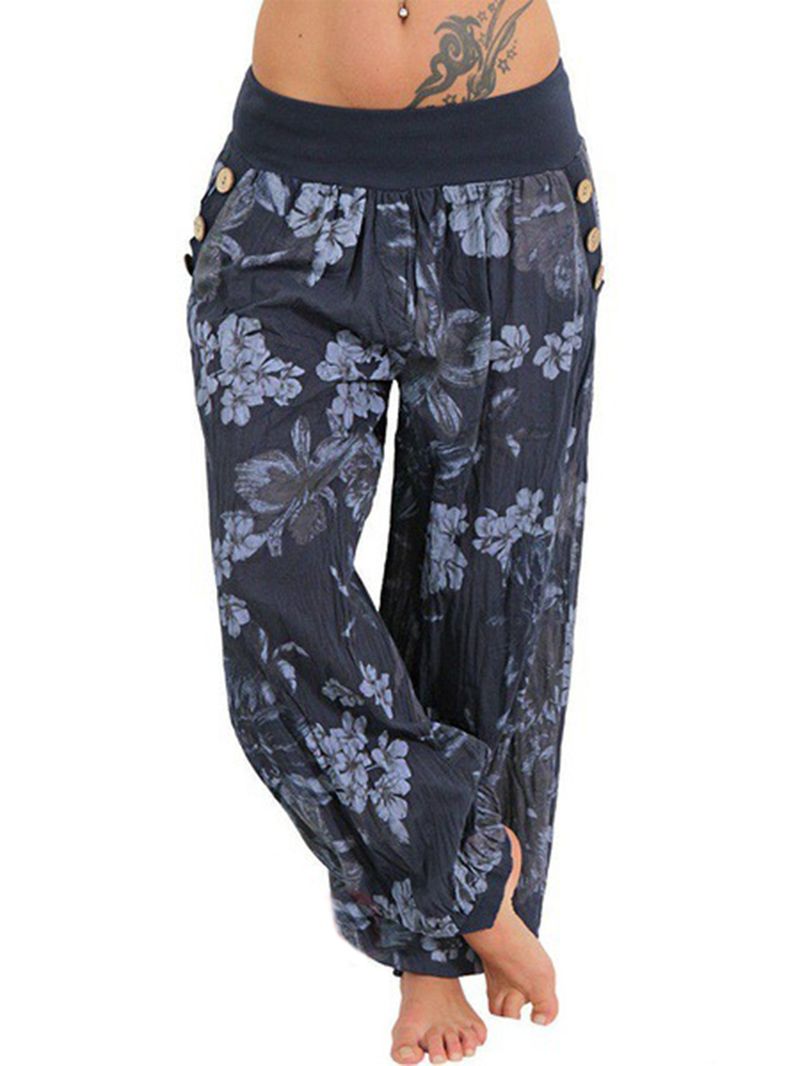 Dames Casual Losse Bloemenprint Knop Volledige Lengte Broek