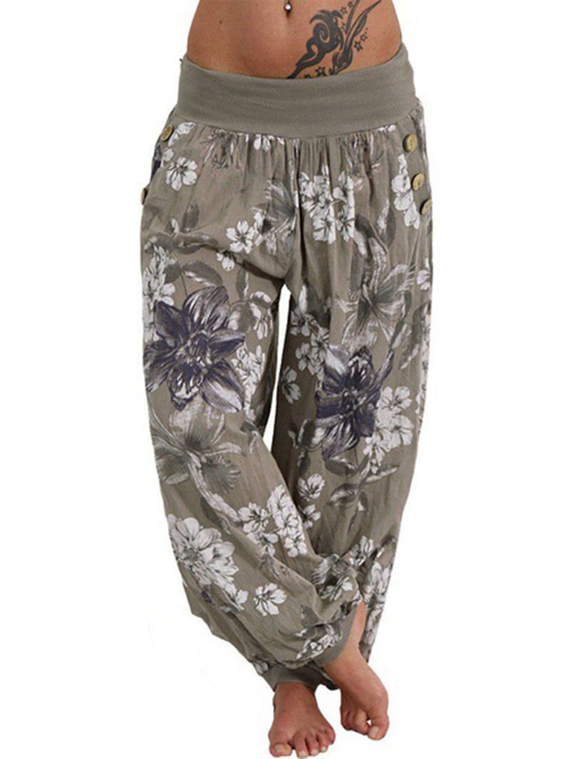 Dames Casual Losse Bloemenprint Knop Volledige Lengte Broek