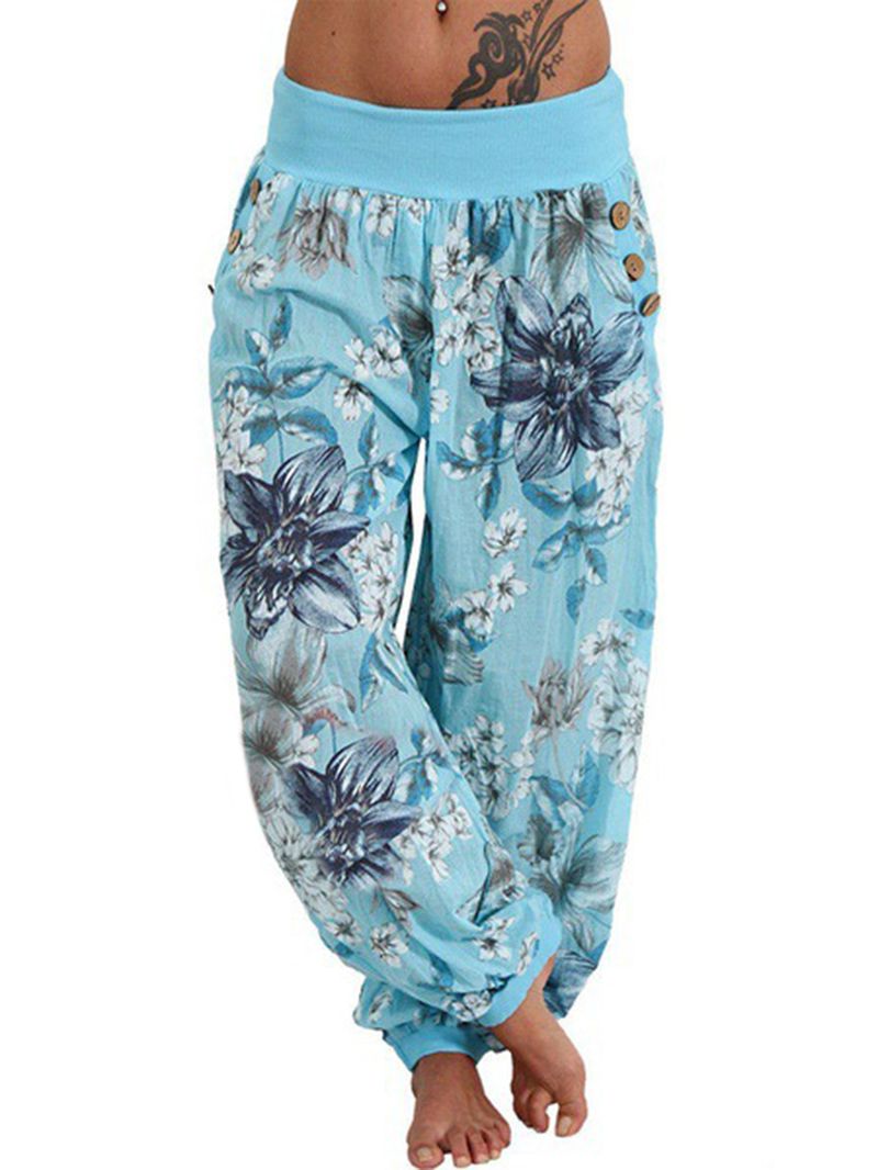 Dames Casual Losse Bloemenprint Knop Volledige Lengte Broek