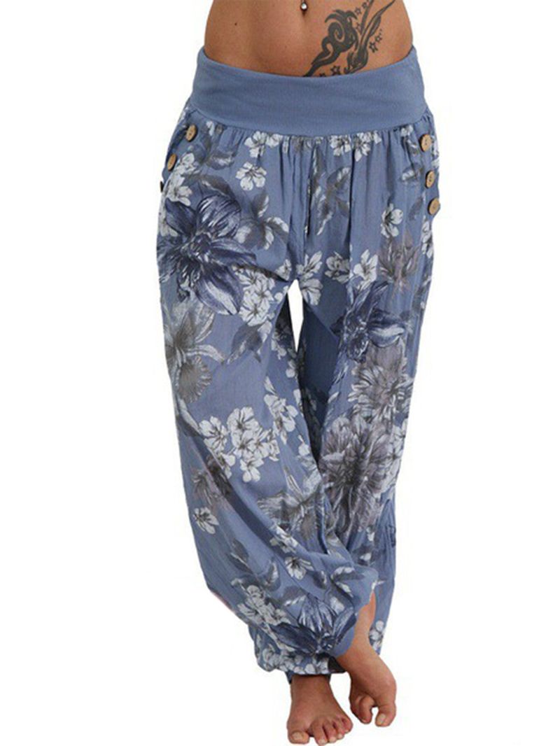 Dames Casual Losse Bloemenprint Knop Volledige Lengte Broek