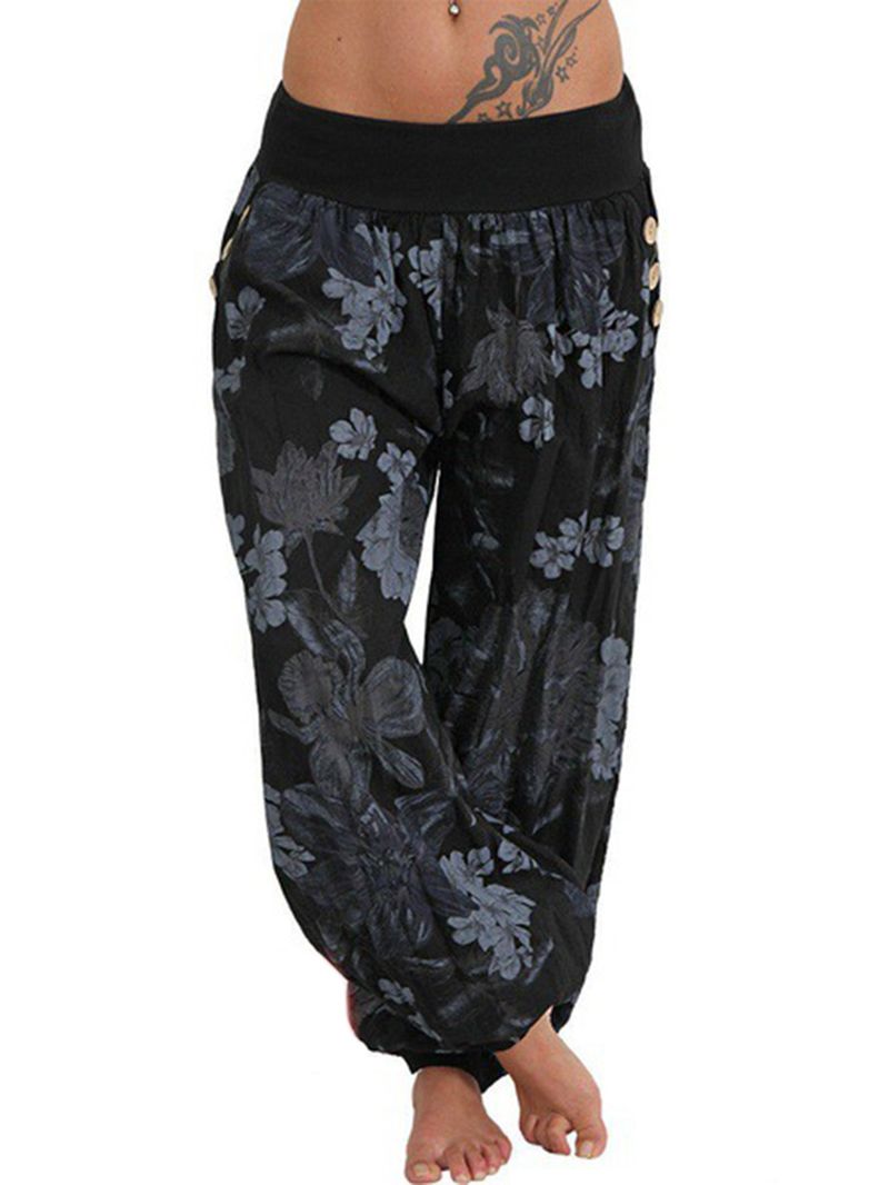 Dames Casual Losse Bloemenprint Knop Volledige Lengte Broek