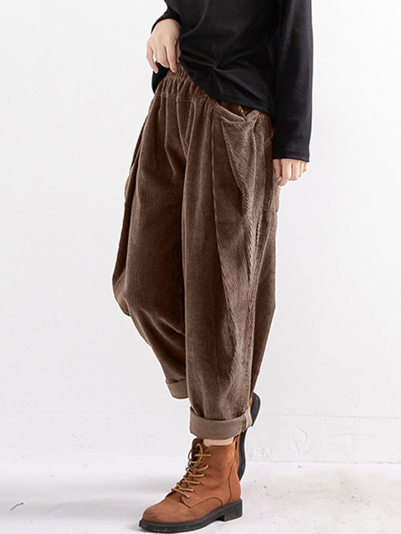 Dames Casual Vintage Corduroy Losse Broek Met Zakken