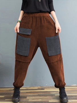 Dames Corduroy Vintage Patchwork Meerdere Kleuren Contrast Broek Met Zakken