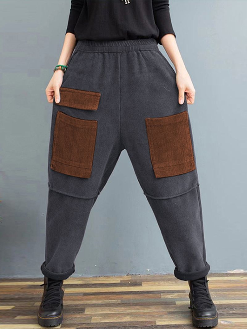 Dames Corduroy Vintage Patchwork Meerdere Kleuren Contrast Broek Met Zakken