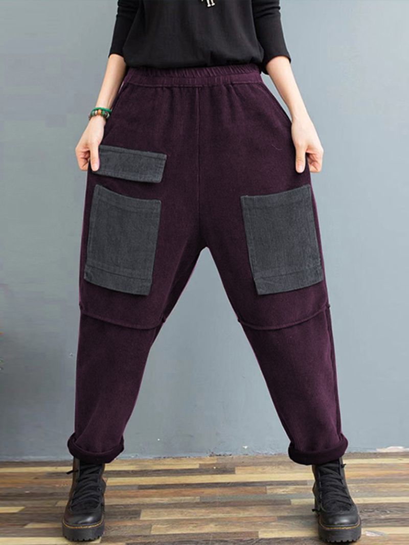 Dames Corduroy Vintage Patchwork Meerdere Kleuren Contrast Broek Met Zakken