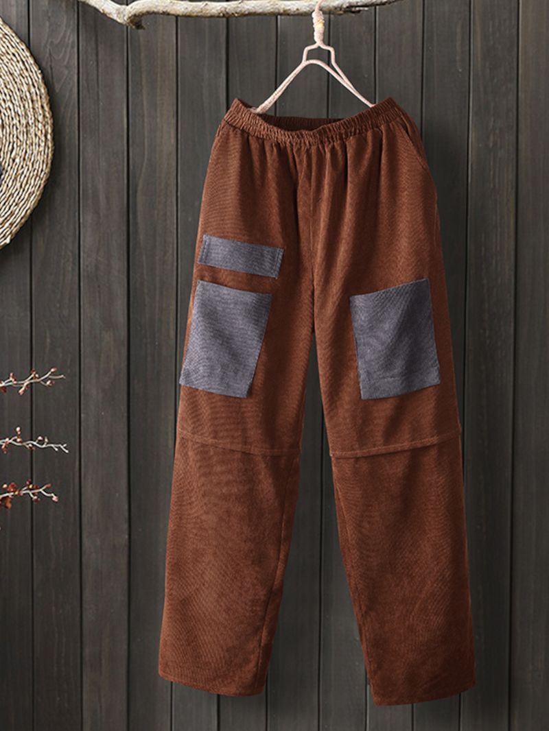 Dames Corduroy Vintage Patchwork Meerdere Kleuren Contrast Broek Met Zakken