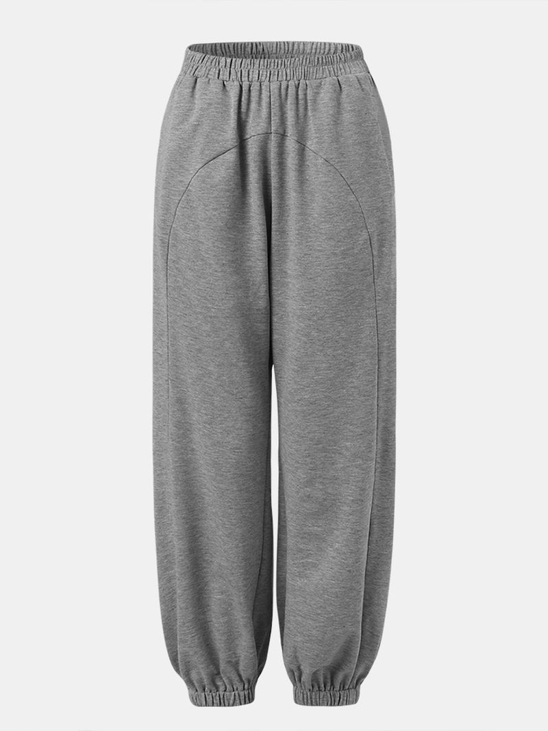 Dames Effen Kleur Elastische Taille Casual Geboeide Joggingbroek Met Zak