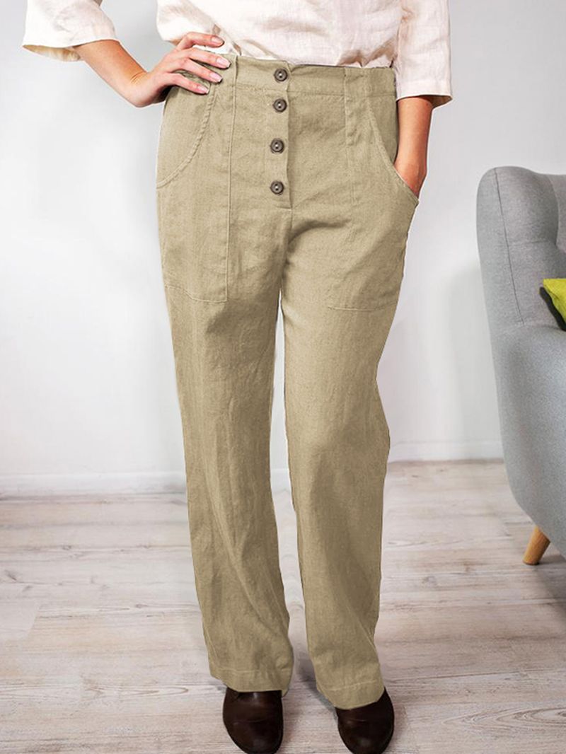 Dames Effen Kleur Elastische Taille Knop Losse Casual Pocket Broek