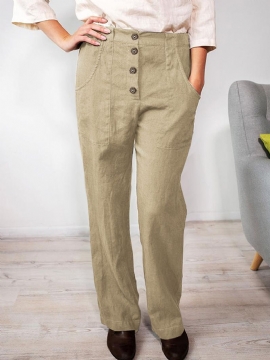 Dames Effen Kleur Elastische Taille Knop Losse Casual Pocket Broek