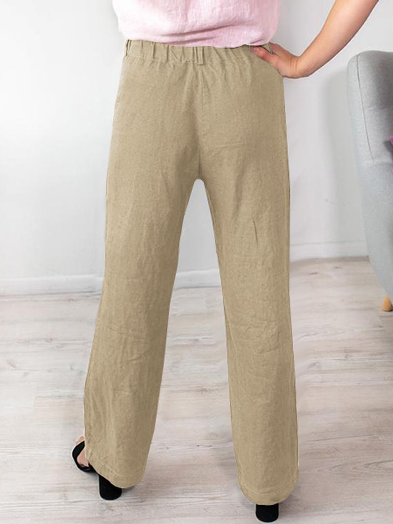 Dames Effen Kleur Elastische Taille Knop Losse Casual Pocket Broek