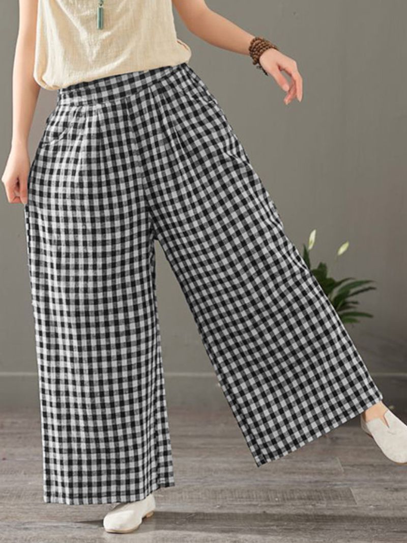 Dames Plaid Print Elastische Taille Vintage Casual Losse Wijde Pijpen Broek Met Zakken