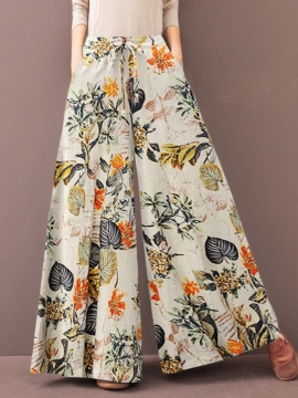 Dames Vintage Bloemenprint Met Trekkoord Wijde Pijpen Broek Met Zak