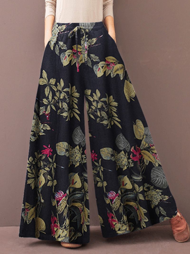 Dames Vintage Bloemenprint Met Trekkoord Wijde Pijpen Broek Met Zak