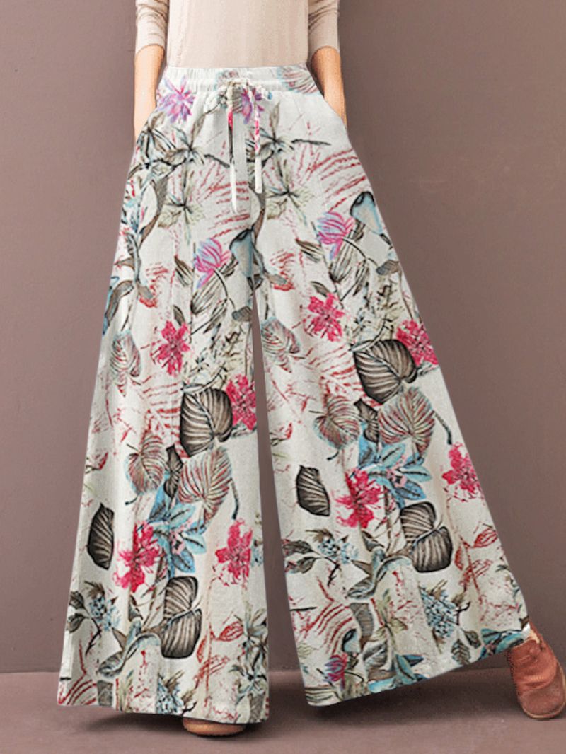 Dames Vintage Bloemenprint Met Trekkoord Wijde Pijpen Broek Met Zak