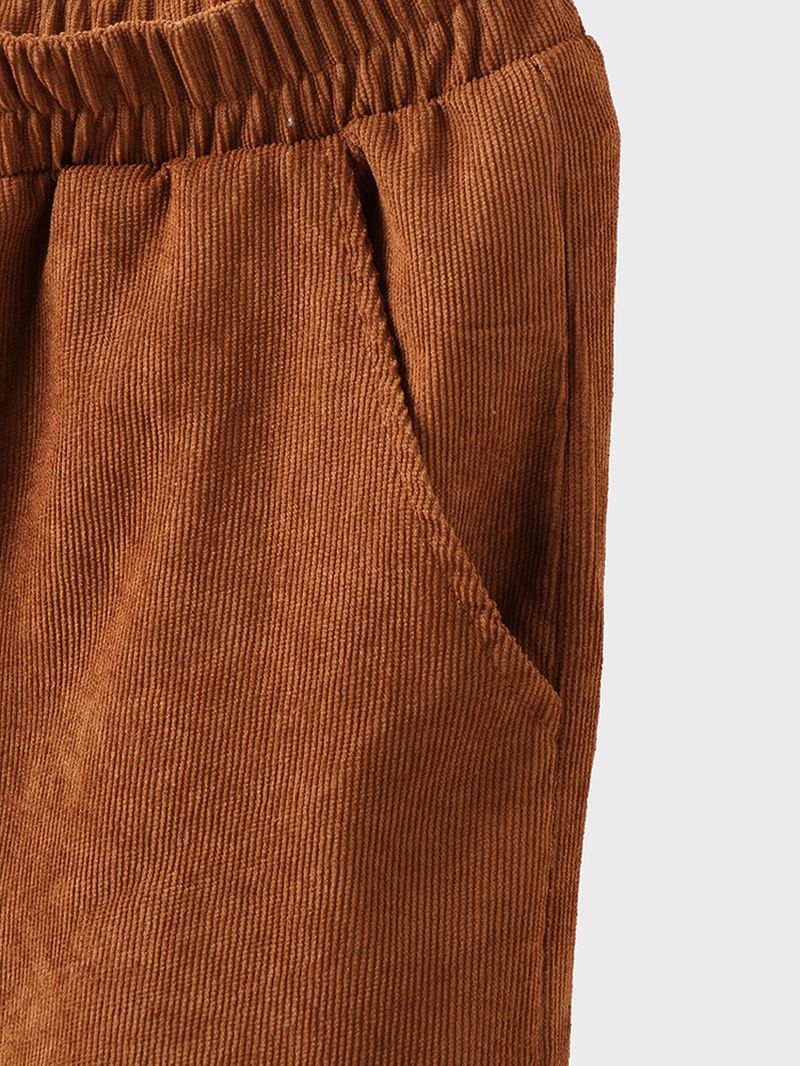 Dames Wijde Pijpen Corduroy Casual Effen Elastische Taille Losse Broek Met Zijvak