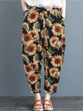 Dames Zonnebloem Bloemenprint Katoenen Casual Broek Met Zijzakken