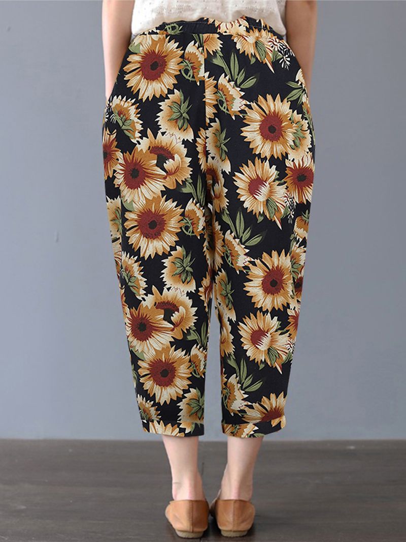 Dames Zonnebloem Bloemenprint Katoenen Casual Broek Met Zijzakken